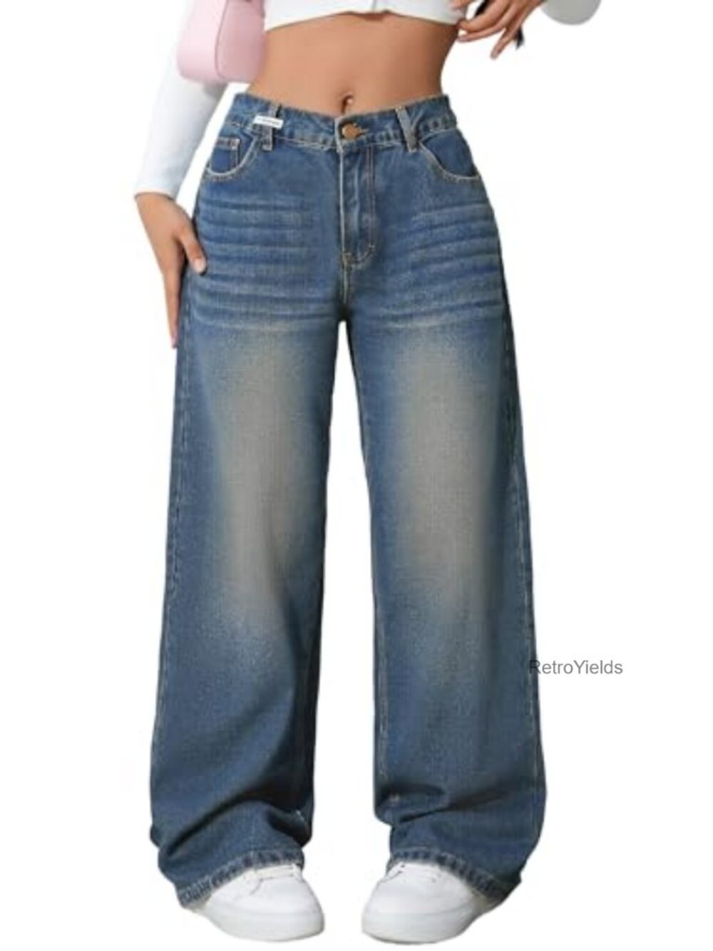 Women's Wide Leg Baggy Boyfriend Jeans Elastic Waist Cotton Denim Pants